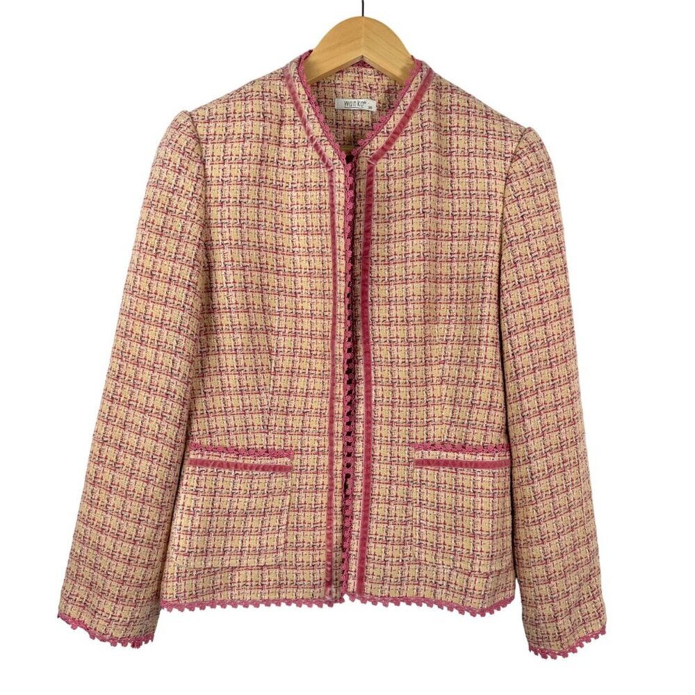 Wanko Tweed Pink velour trim Blazer old money classic  Feminine 90s sz L‎